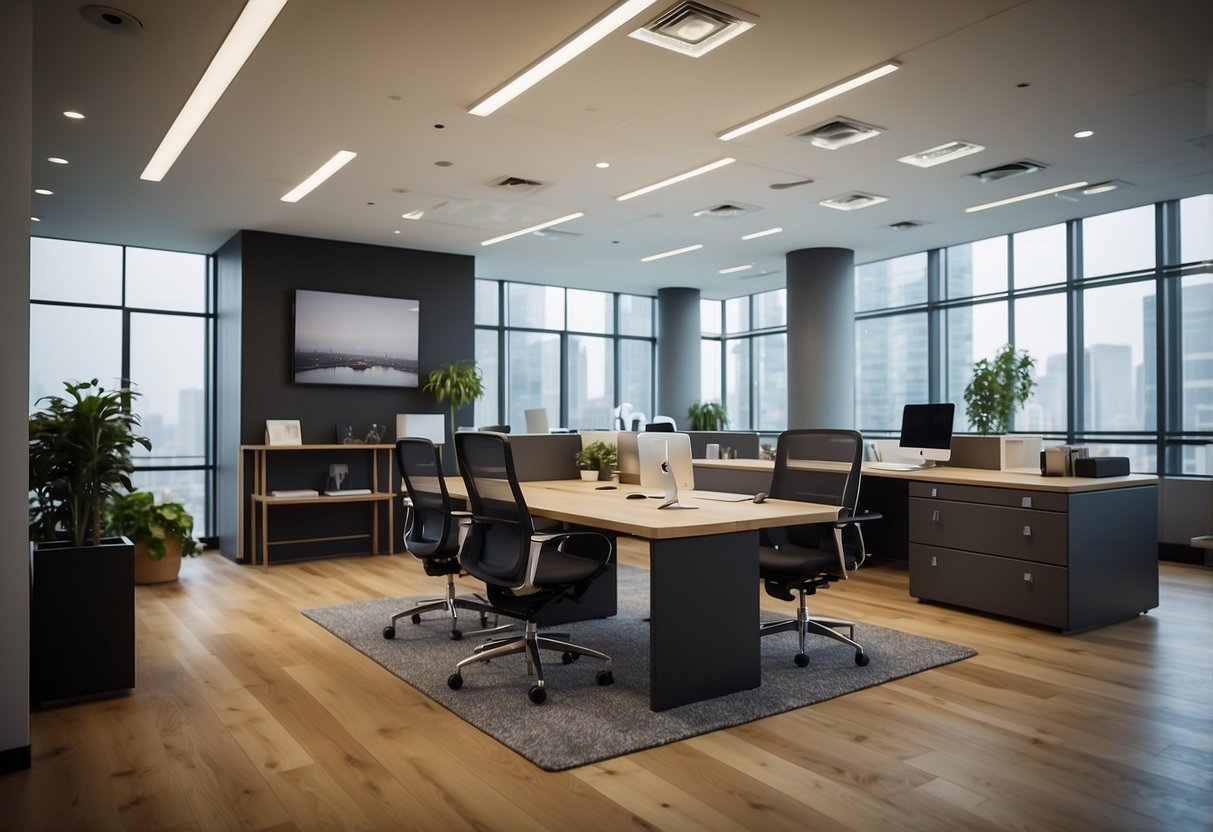 A spacious showroom displays modern office furniture in various styles and colors, arranged in mock office settings to showcase functionality and design