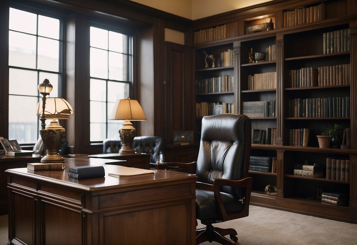 A traditional office space with a large wooden desk, leather chair, bookshelves, and a classic desk lamp