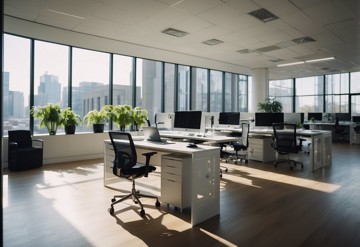 A modern office space with sleek, ergonomic furniture displays and innovative storage solutions. Bright, open layout with natural lighting