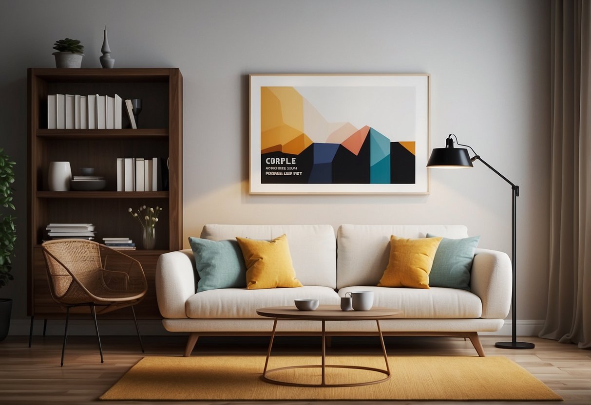 A living room with a sofa, coffee table, and bookshelf. A large "sale" sign hangs above the furniture. Bright lighting and colorful decor create an inviting atmosphere