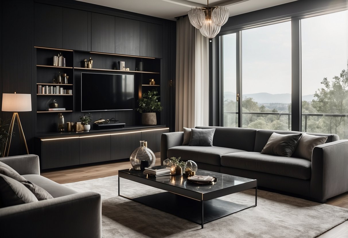 A sleek, modern living room with a luxurious sofa, elegant coffee table, and stylish, minimalist bookshelf