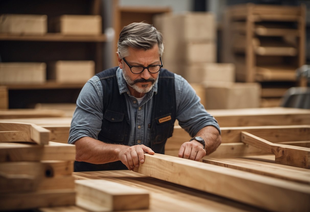 A craftsman carefully selects and inspects solid wood for traditional office furniture, ensuring quality and sustainability