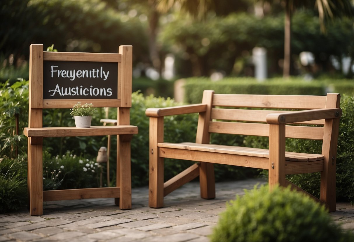 A wooden outdoor furniture set surrounded by greenery, with a sign reading "Frequently Asked Questions" displayed prominently