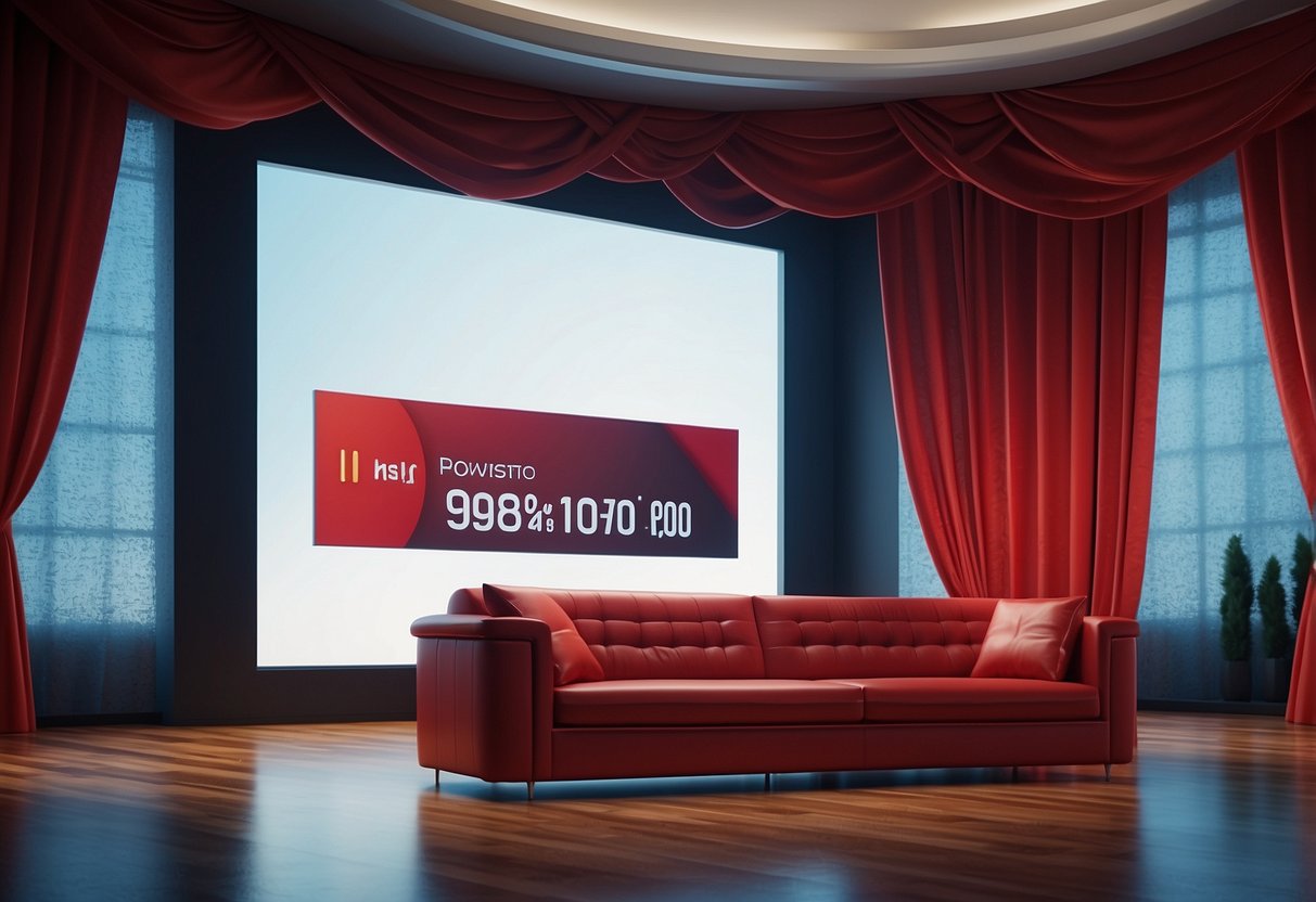 A grand, red curtain is pulled back, revealing a display of luxurious furniture with bright, flashing signs promoting the best deals