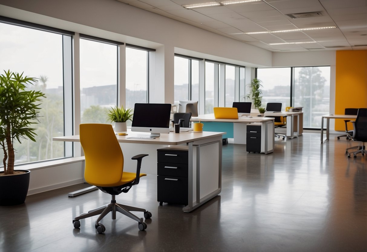 A modern, open-plan office with sleek, ergonomic furniture and vibrant pops of color. Natural light floods the space, creating a productive and inviting atmosphere