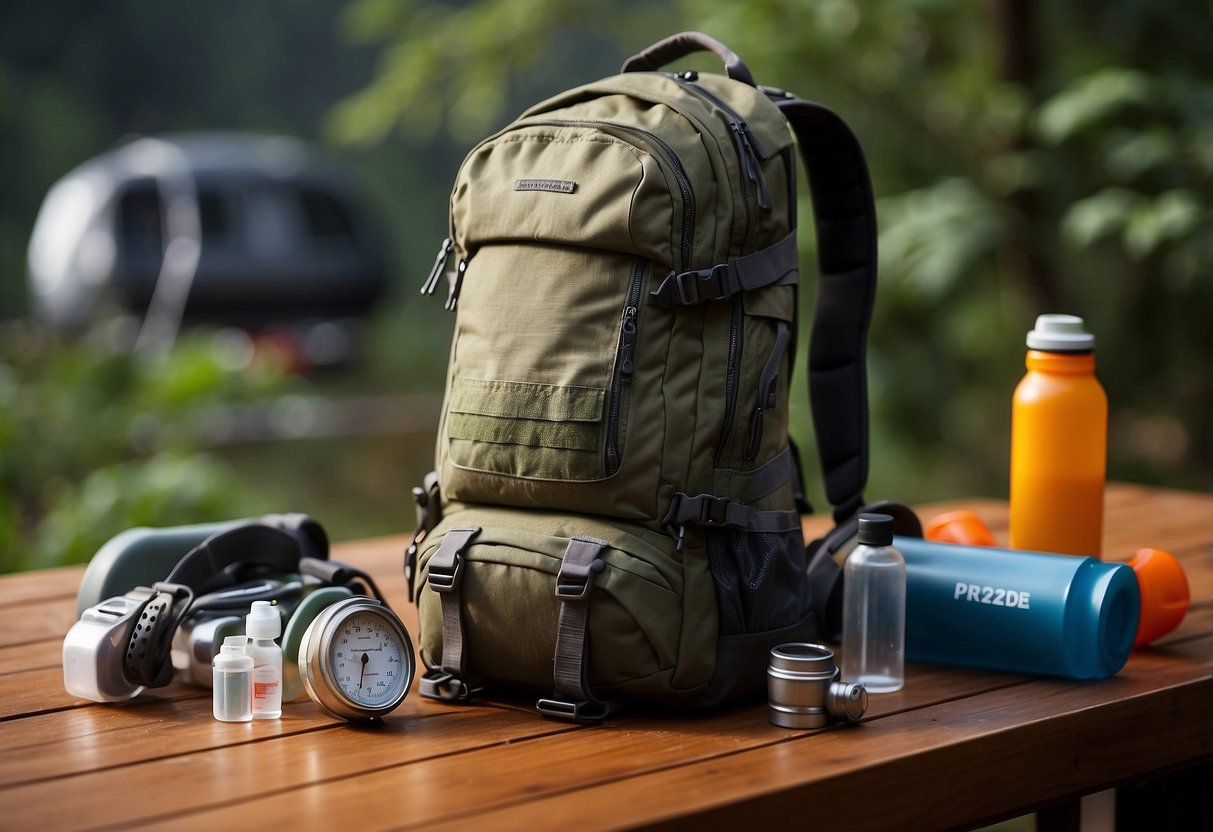 A backpack, map, compass, first aid kit, water bottle, flashlight, and emergency whistle laid out on a table