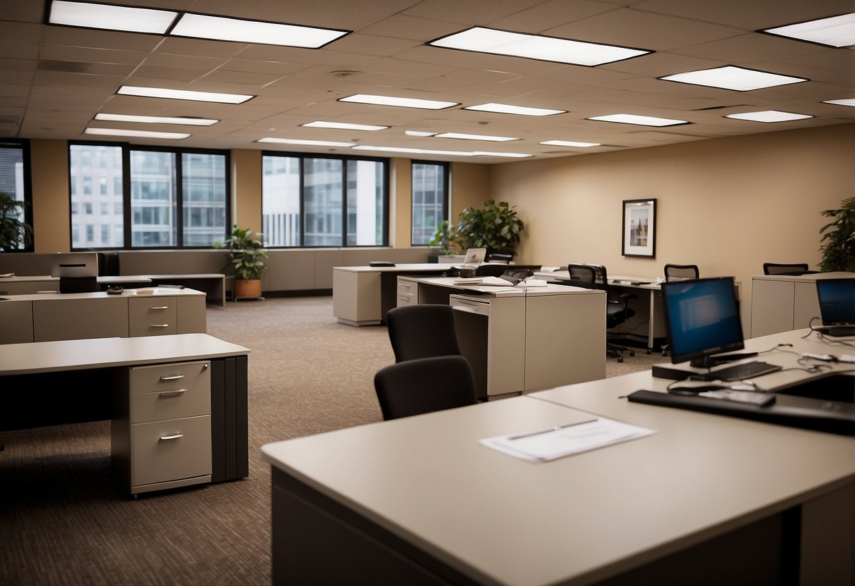 A traditional office setting with desks, chairs, and filing cabinets. A sign with "Frequently Asked Questions" prominently displayed