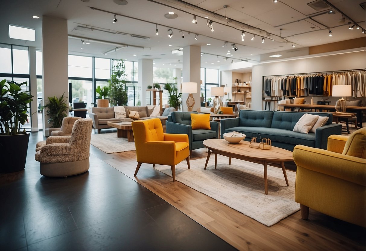 A bright, spacious showroom with a variety of furniture styles displayed. Customers browse and interact with knowledgeable staff. Sale signs and promotional banners are prominently displayed