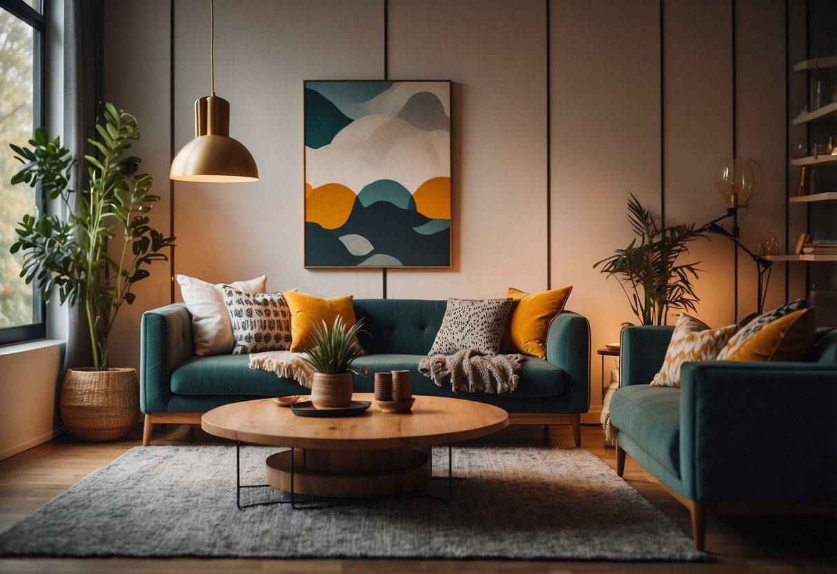 A cozy living room with modern furniture, soft lighting, and vibrant decor. A customer smiles while comfortably lounging on a stylish sofa