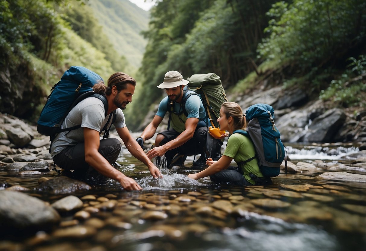 A group of backpackers filtering water from a mountain stream using compact, lightweight water filters. The filters are attached to their backpacks, and they are surrounded by lush greenery