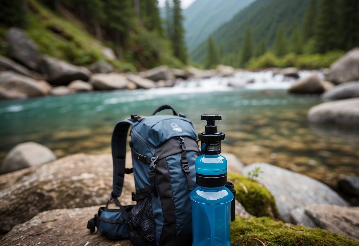 A Sawyer Squeeze Water Filter attached to a backpack, with a clear mountain stream in the background