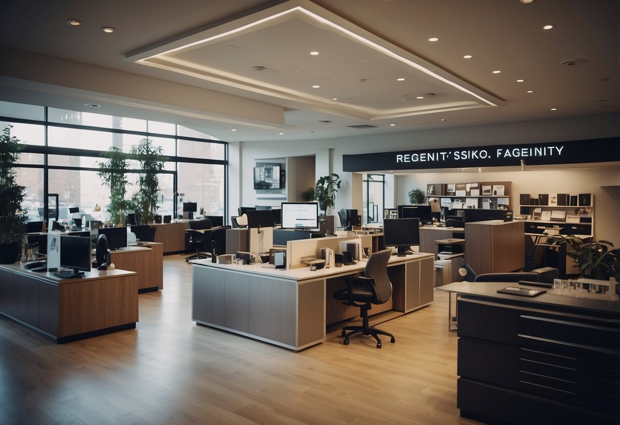 A bustling office showroom with various furniture displays and a sign reading "Frequently Asked Questions" above a customer service desk