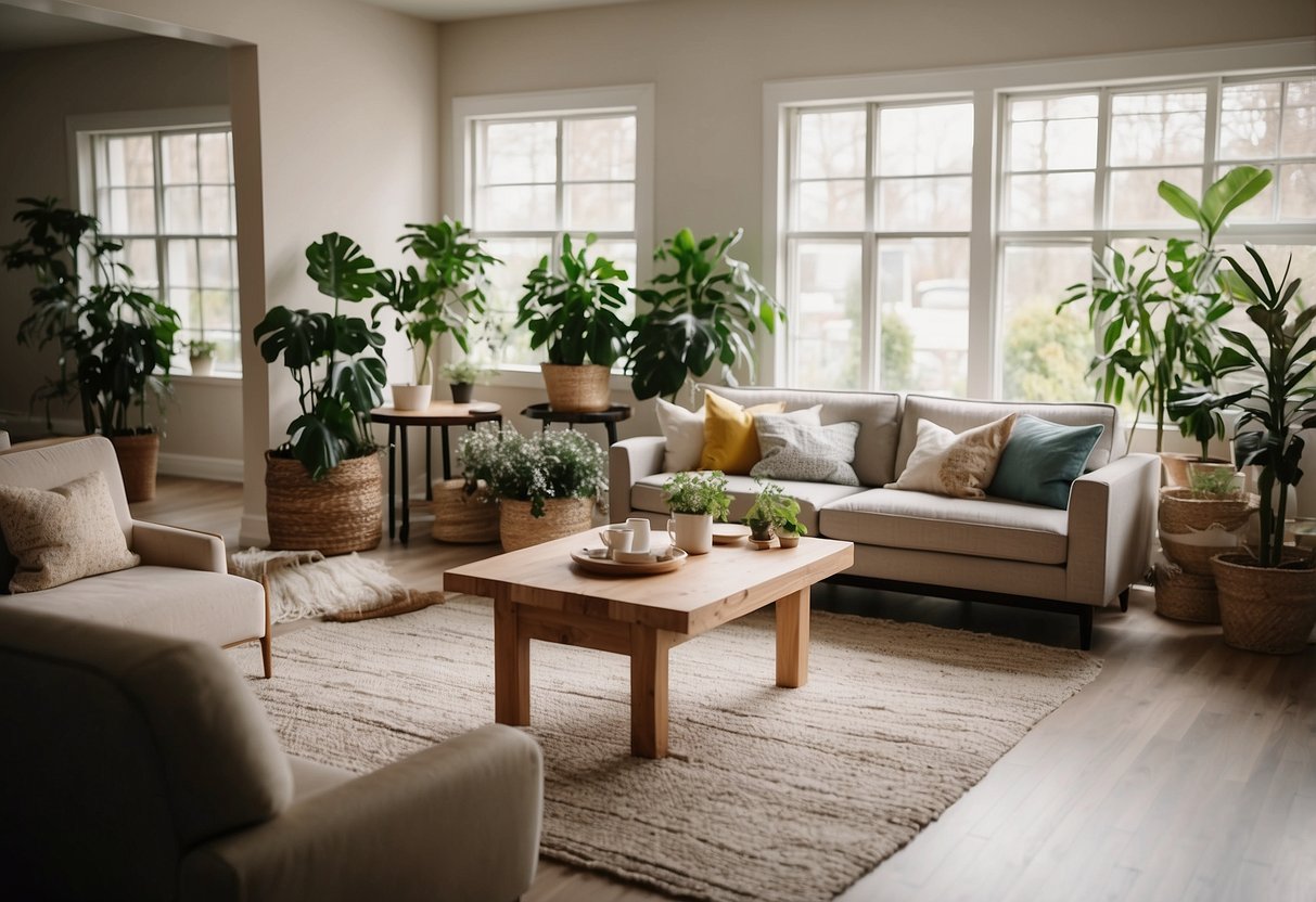 A living room with a sofa, coffee table, and plants. A dining area with a table and chairs. Bright and inviting atmosphere