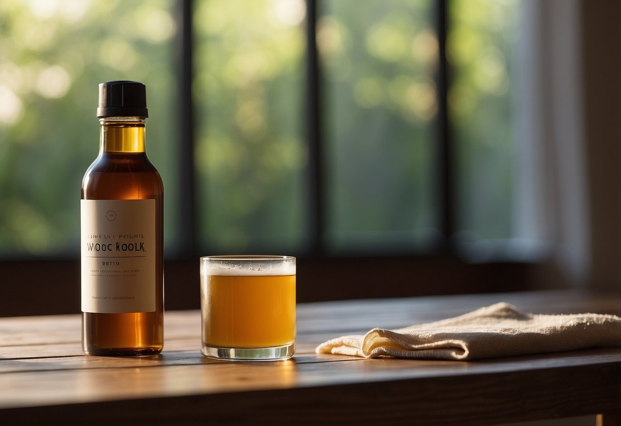 A wooden table sits in a well-lit room, with a soft cloth and bottle of wood polish nearby. A person carefully wipes the surface, bringing out the natural beauty of the wood
