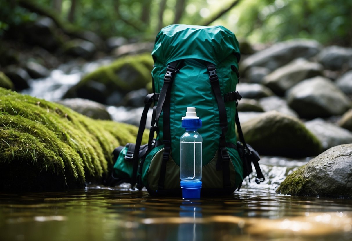 A clear mountain stream flows through lush green foliage, with a LifeStraw Personal Water Filter attached to a backpack, ready for use