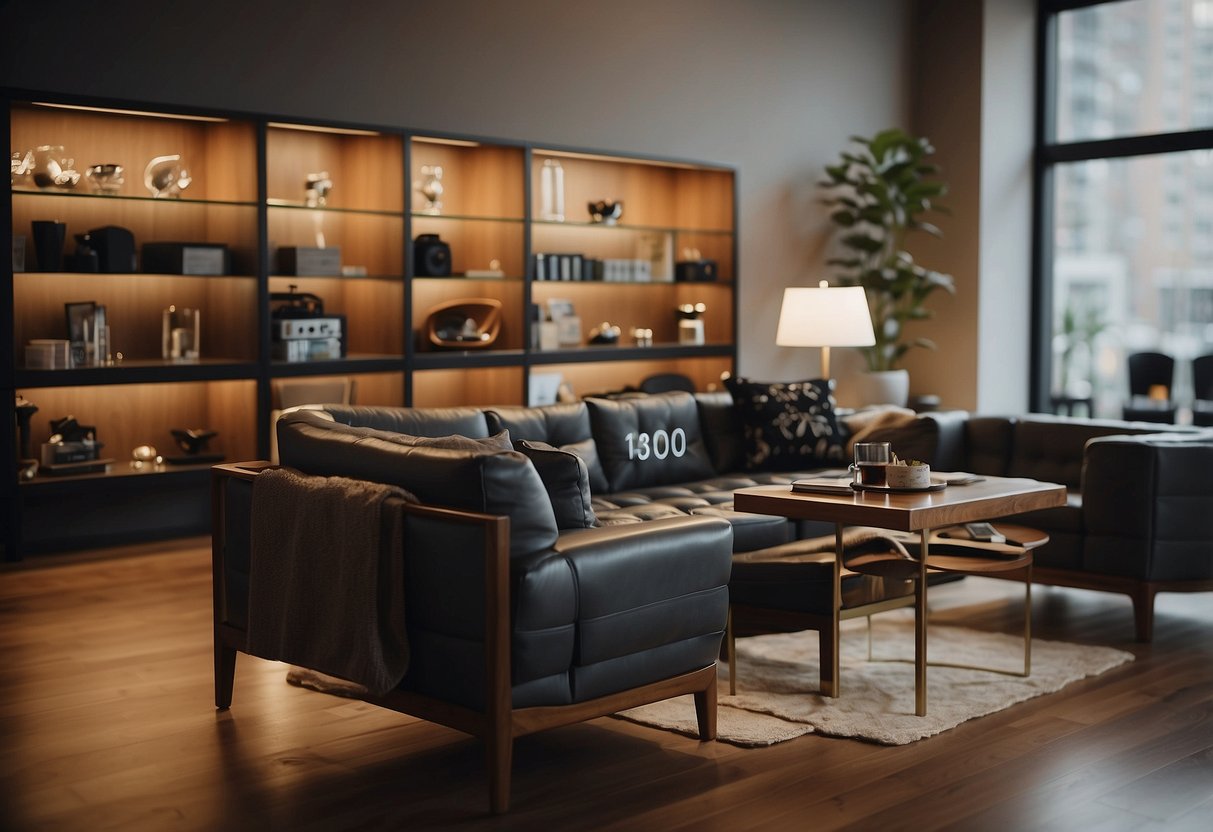 Furniture arranged neatly, polished surfaces, price tags attached, and a "For Sale" sign displayed prominently