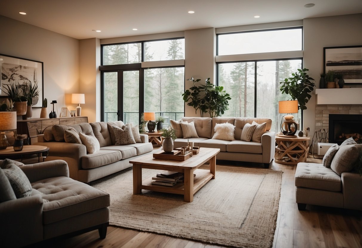 A cozy living room with a variety of furniture displayed in a well-lit showroom, with signs indicating different sales channels such as online, retail, and wholesale