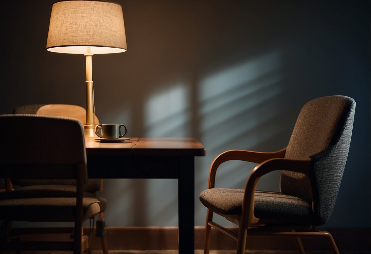 A chair with sharp edges looms over a cowering table, while a menacing lamp glares from the corner