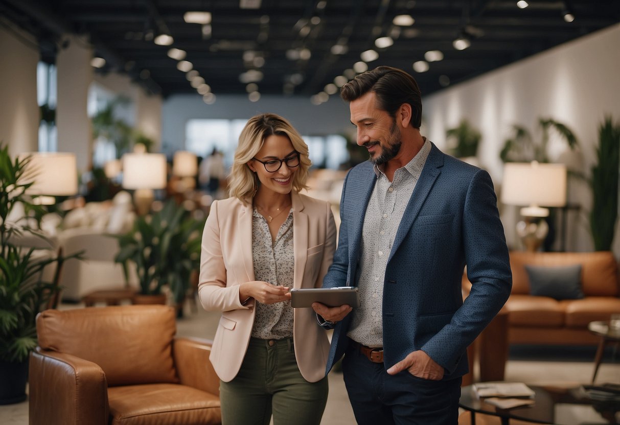 A customer browsing through a showroom filled with various home furniture pieces, while a salesperson assists another customer with their frequently asked questions