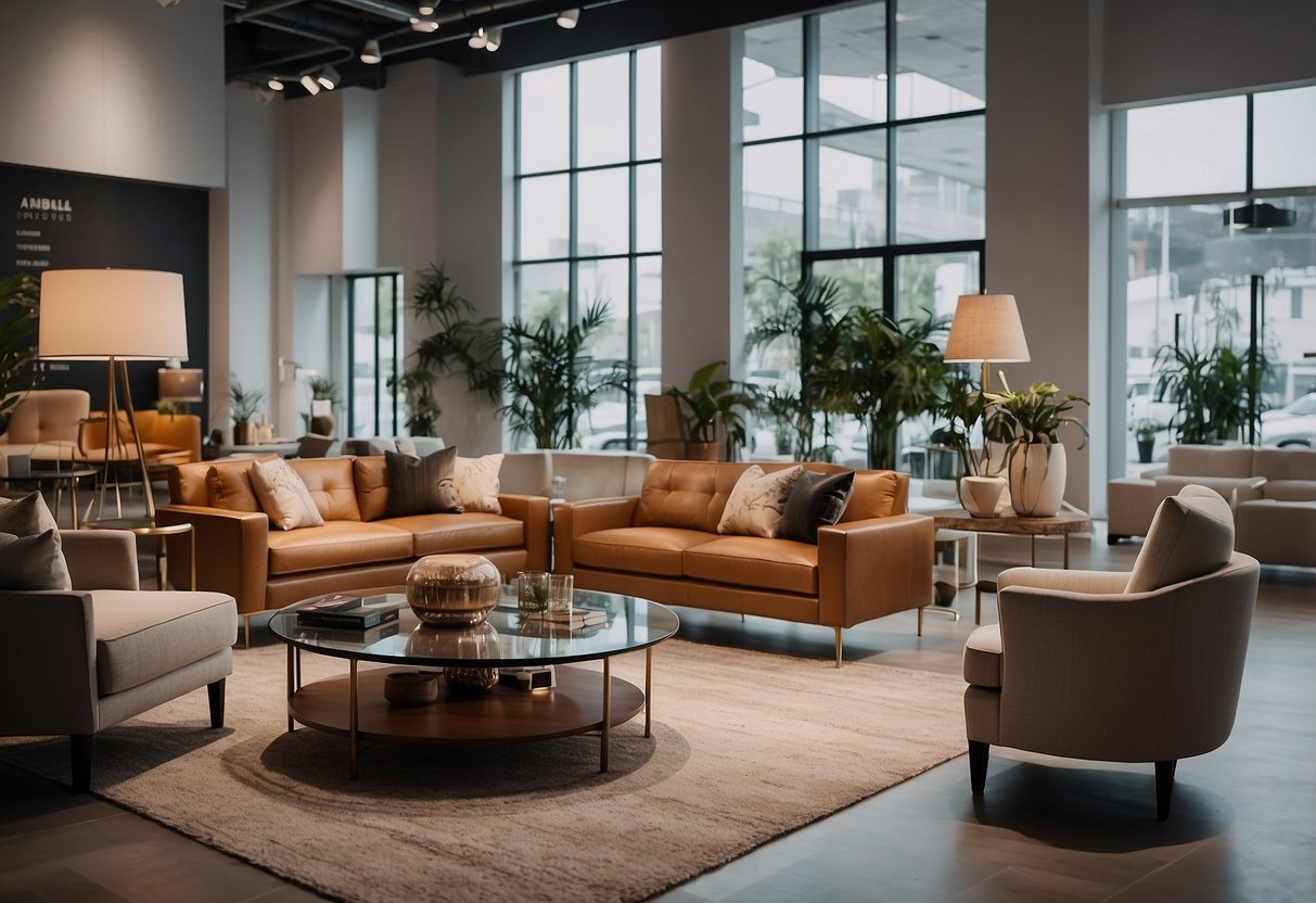 A showroom with various furniture pieces on display for a promotion. Bright lighting highlights the products, and a sign reads "Frequently Asked Questions" above the display