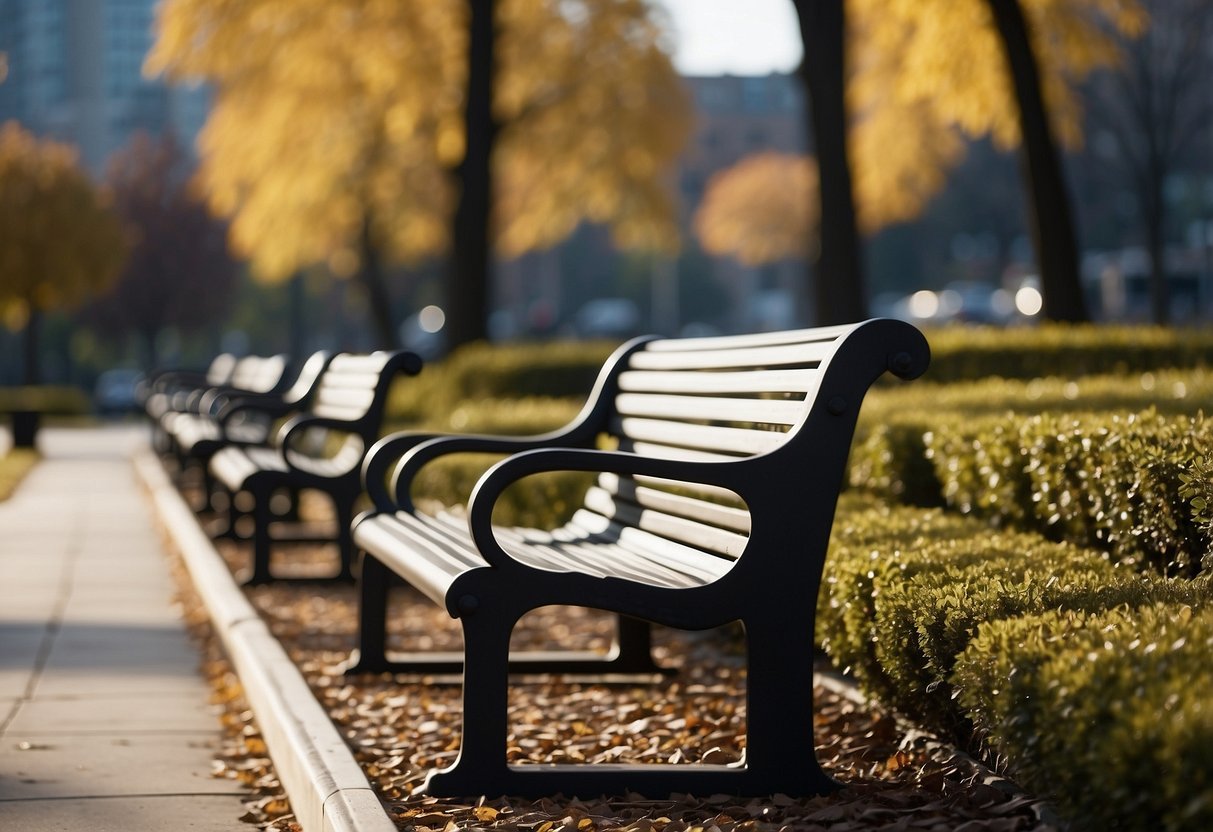 Empty park with benches featuring sharp, angled armrests and uncomfortable seating. Metal spikes protrude from ledges and surfaces, deterring loitering