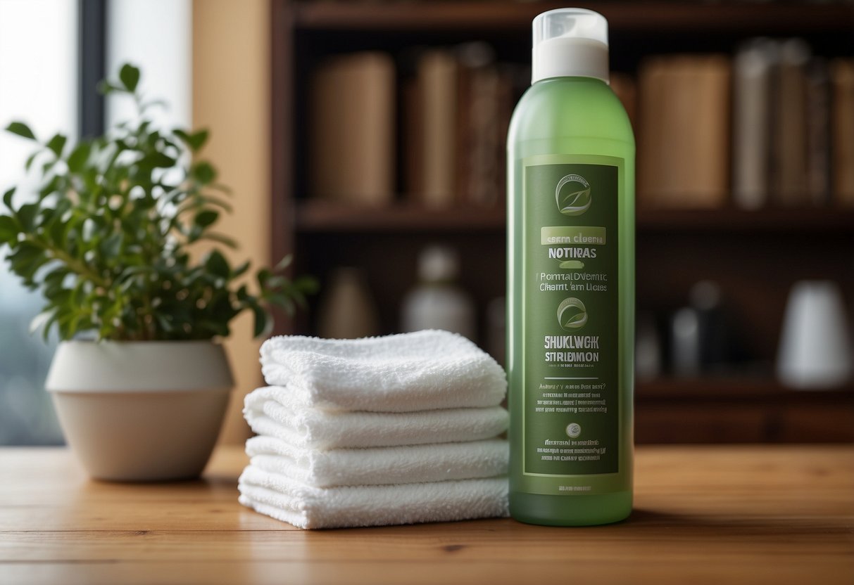 A soft cloth wipes a polished wood table, while a bottle of wood cleaner sits nearby. Dusting and polishing supplies are neatly arranged on a nearby shelf
