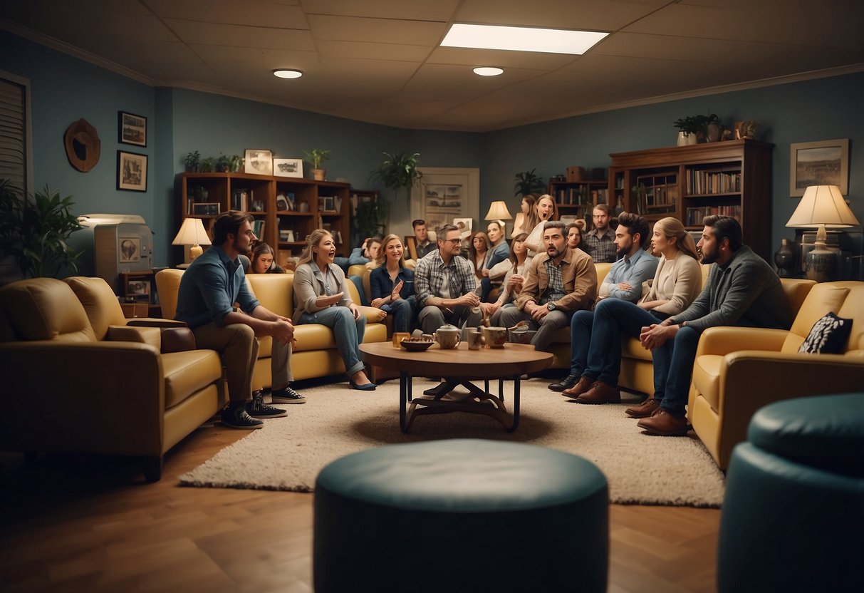 A room filled with angry, animated furniture surrounded by confused and frustrated onlookers