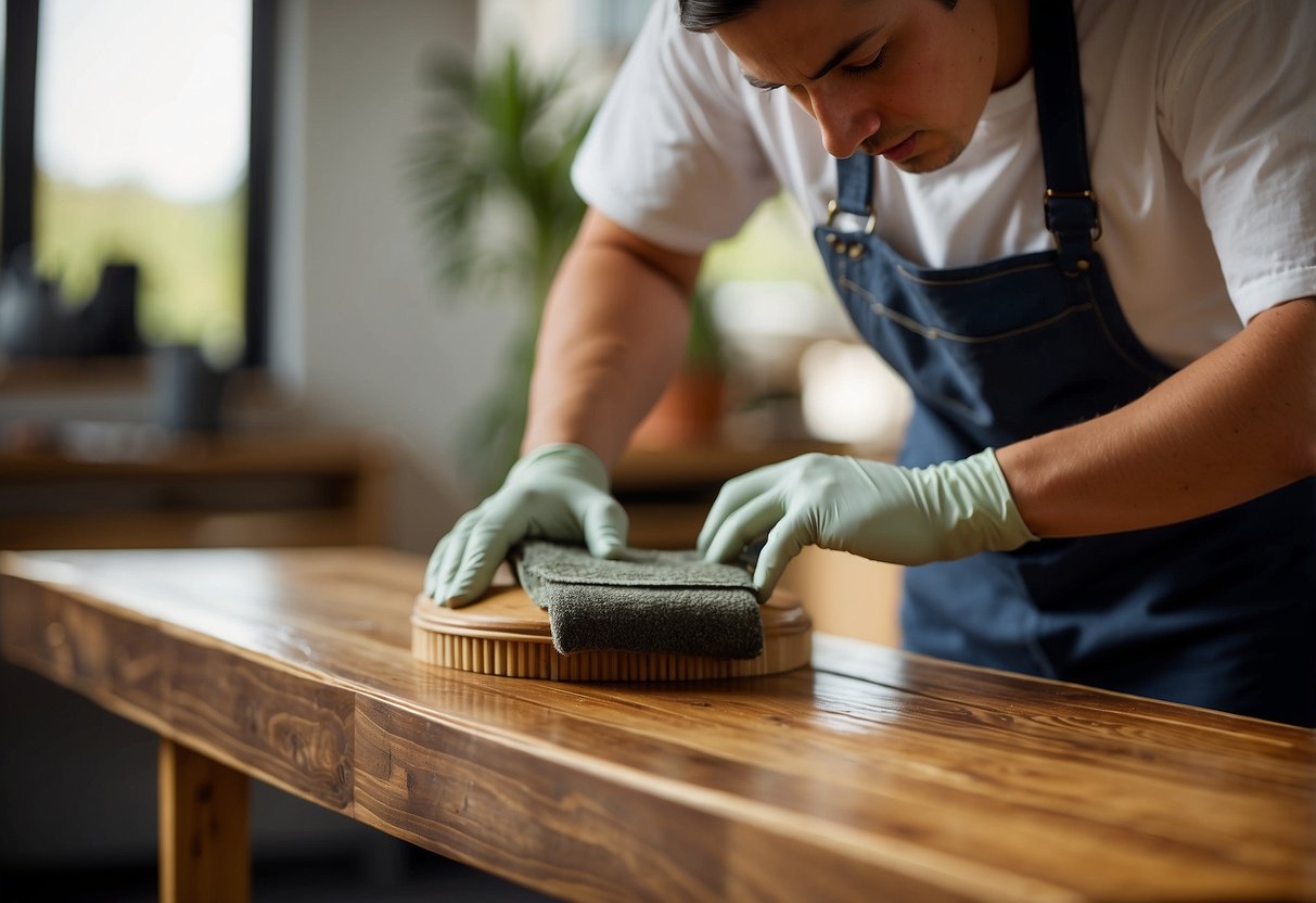 A person dusts and polishes a wooden table, inspects for scratches, and applies protective wax