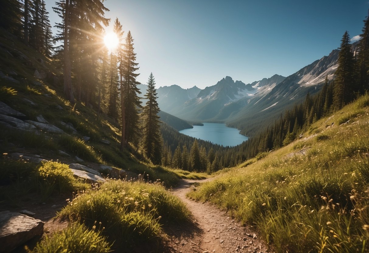 A winding trail cuts through lush forest, leading to a serene alpine lake with towering mountains in the background. The sun casts a warm glow over the landscape, inviting hikers to explore