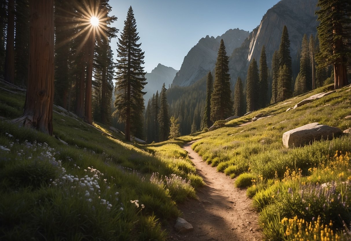 A winding trail cuts through lush forest, leading to towering peaks and crystal-clear alpine lakes. The sun casts a warm glow over the rugged landscape, creating a picturesque scene along the John Muir Trail in the USA