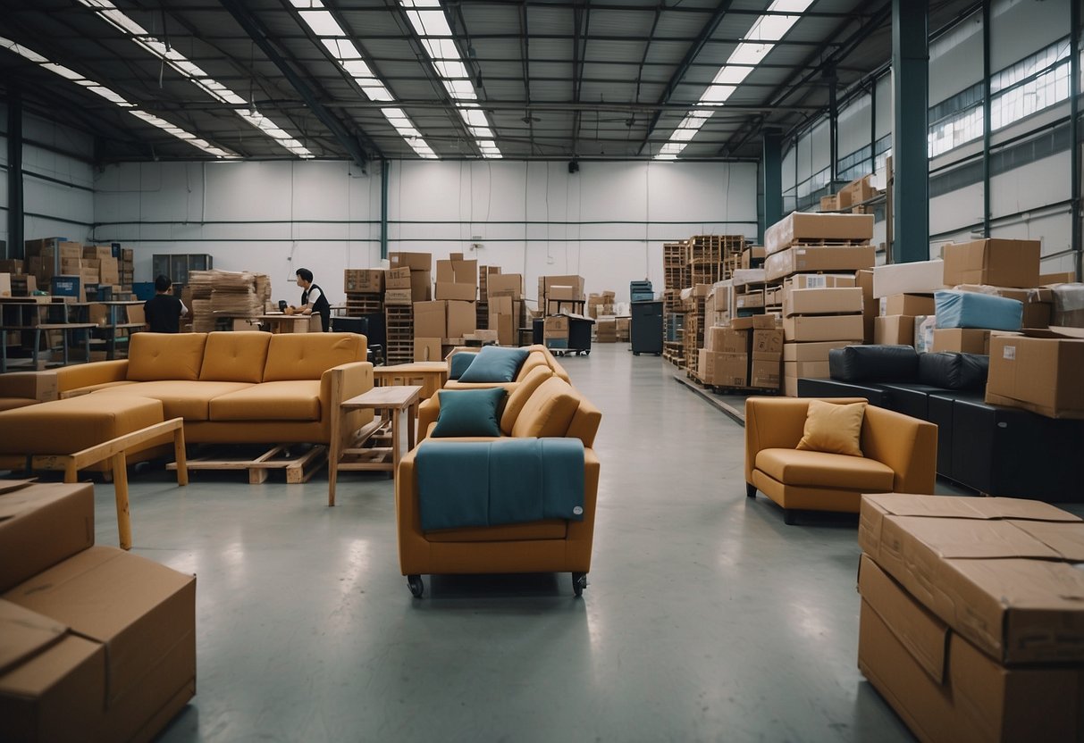 A group in Singapore donates furniture to a local charity, filling a warehouse with sofas, tables, and chairs