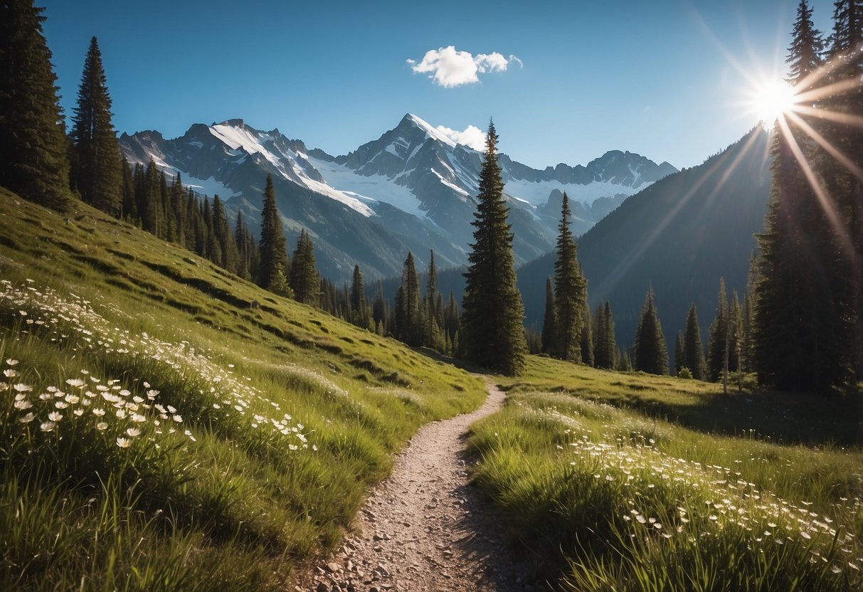 A serene mountain trail winds through lush forests and alpine meadows, with snow-capped peaks in the distance. The clear blue sky and tranquil atmosphere make it an ideal spot for scenic backpacking