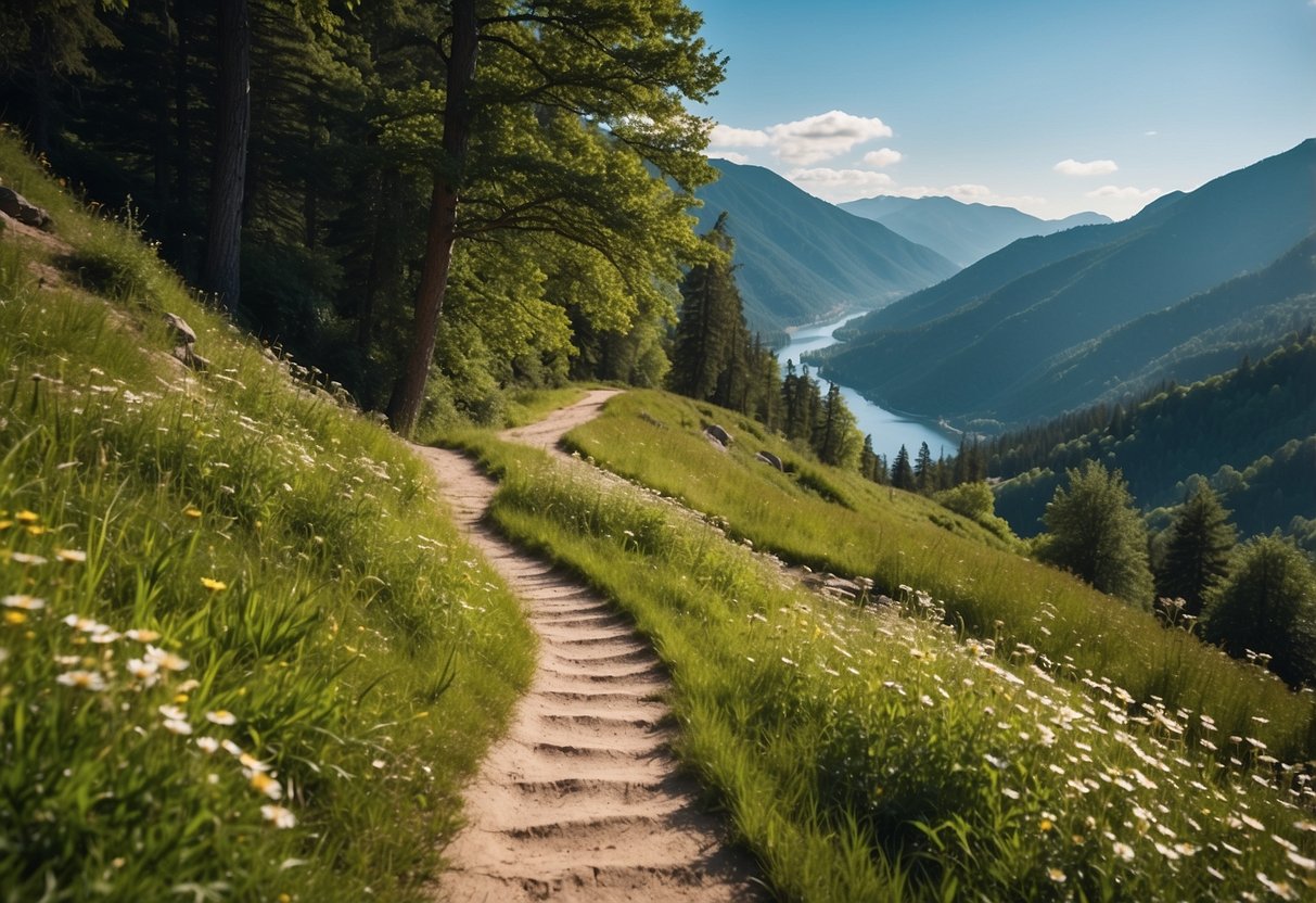 A winding trail through lush green mountains, with a clear blue sky above and a sparkling river flowing alongside. Tall trees and colorful wildflowers line the path, creating a serene and picturesque scene