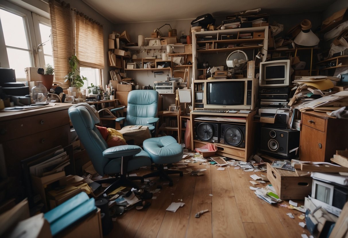 A cluttered room with broken and mismatched furniture scattered around