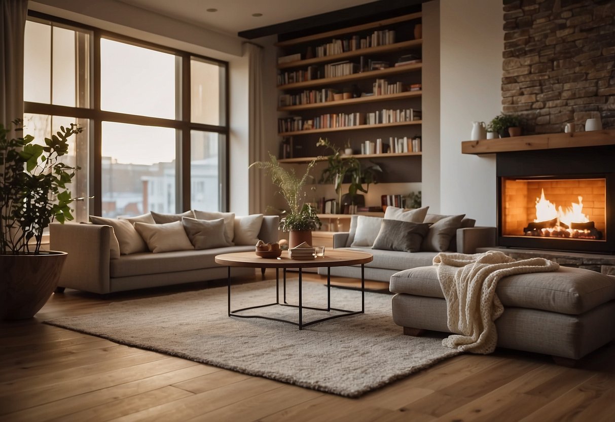 The cozy living room features a plush sofa, a coffee table with a stack of books, and a soft rug on the polished wooden floor. A warm glow emanates from the fireplace, casting a comforting ambiance over the space