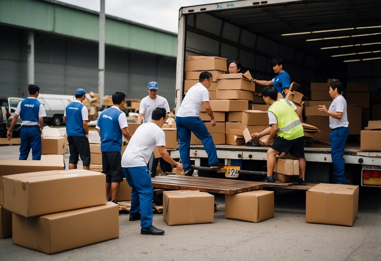 A pile of used furniture, including chairs, tables, and shelves, is being loaded onto a truck by a group of volunteers in Singapore