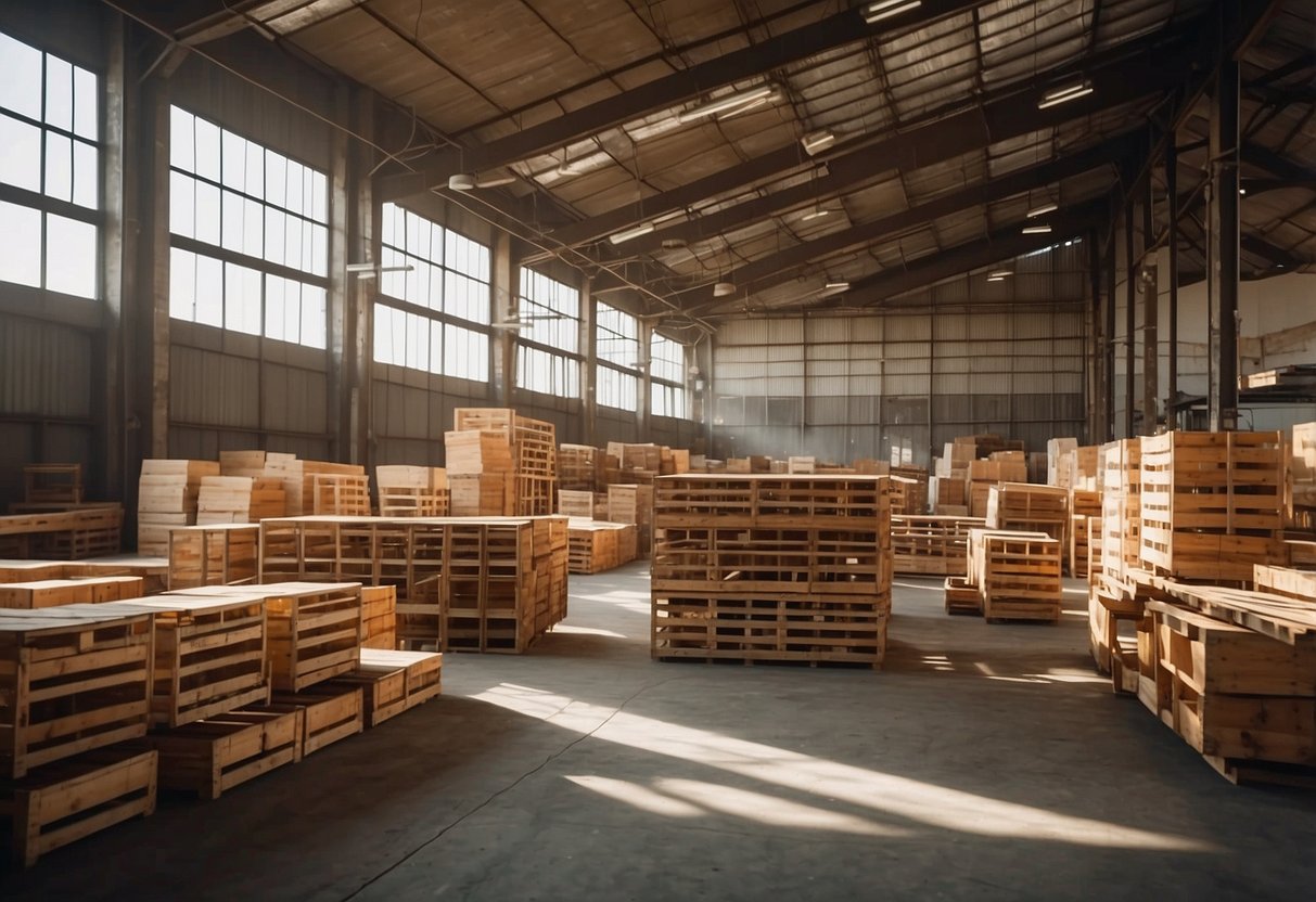 A spacious warehouse with rows of wooden furniture. Sunlight streams in through skylights, casting warm, natural light on the rustic pieces