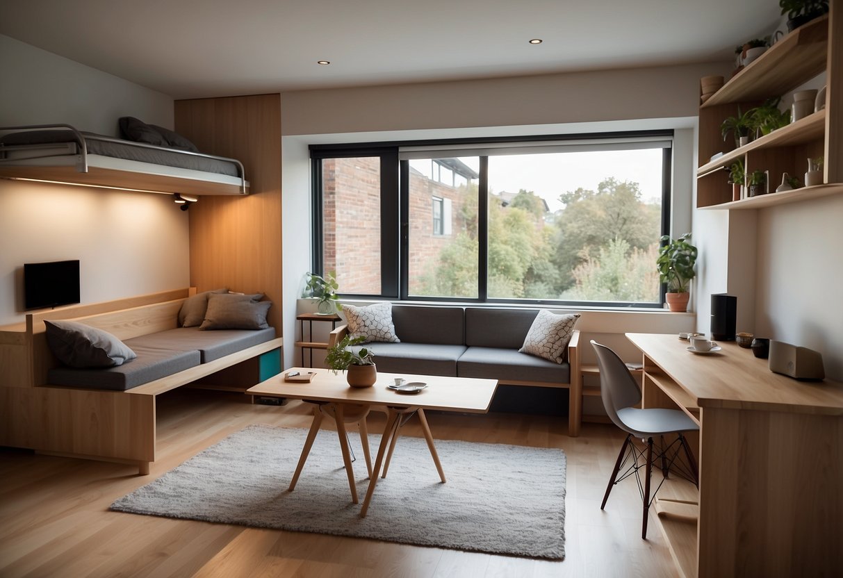 A compact living room with a fold-out sofa bed, wall-mounted shelves, and a multi-functional coffee table. The dining area features a drop-leaf table and stackable chairs. The bedroom showcases a loft bed with built-in storage underneath