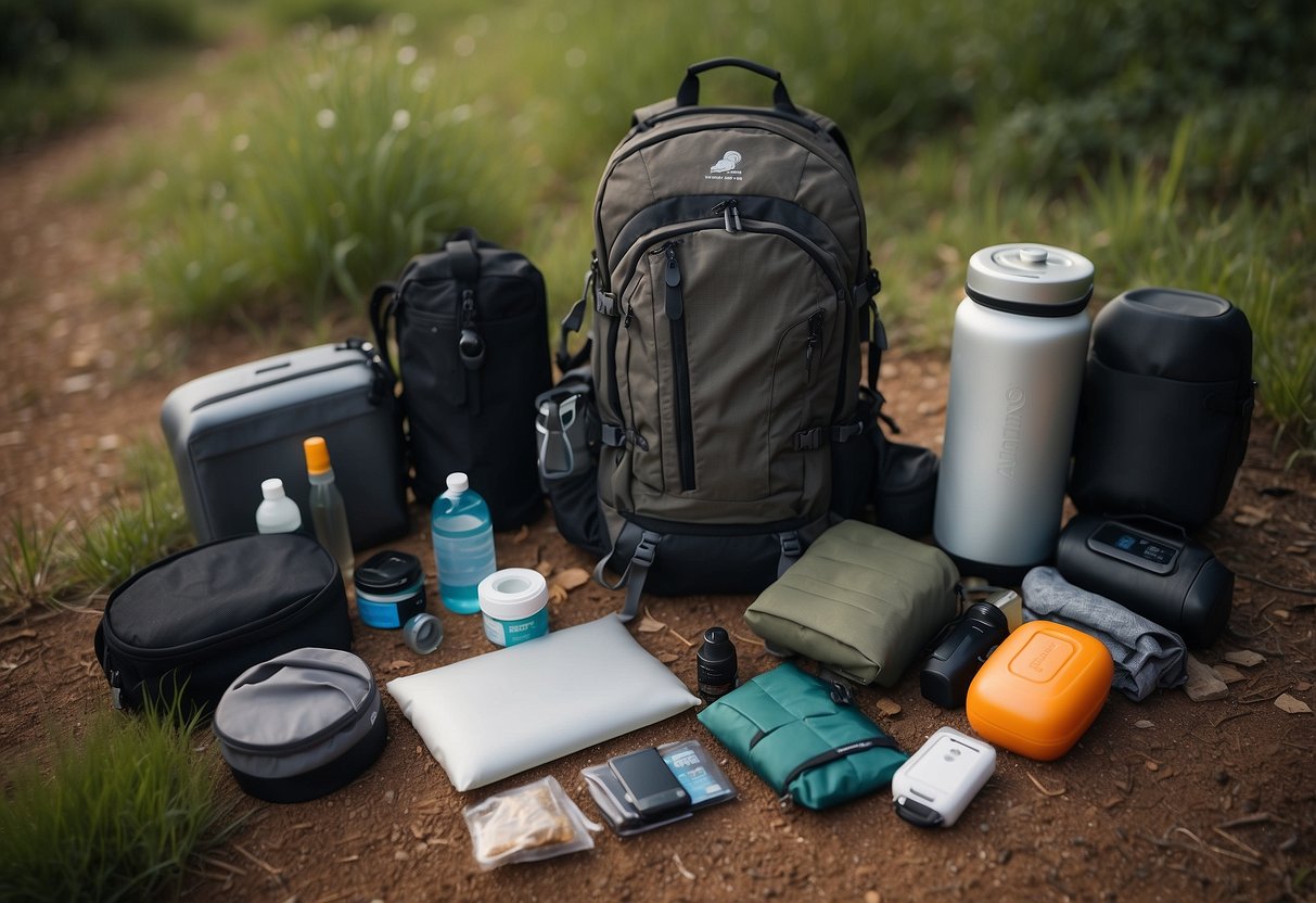 A backpack open on the ground, with various outdoor gear neatly organized and packed inside. Items such as a water bottle, a map, a first aid kit, and a flashlight are visible