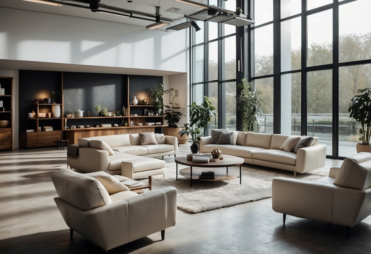 A spacious showroom filled with modern and elegant furniture displays, bathed in natural light from large windows
