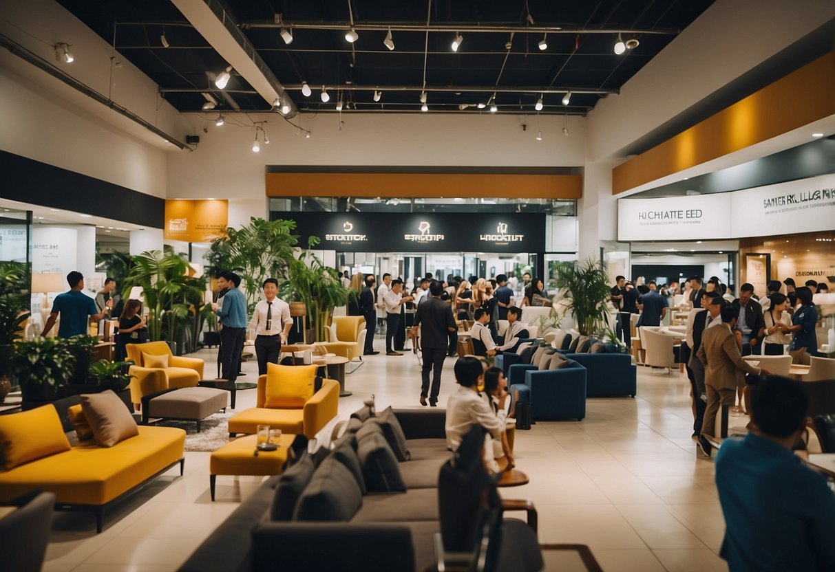 A bustling furniture showroom with bright banners, busy staff, and excited customers at a promotions and events event in SG Kadut