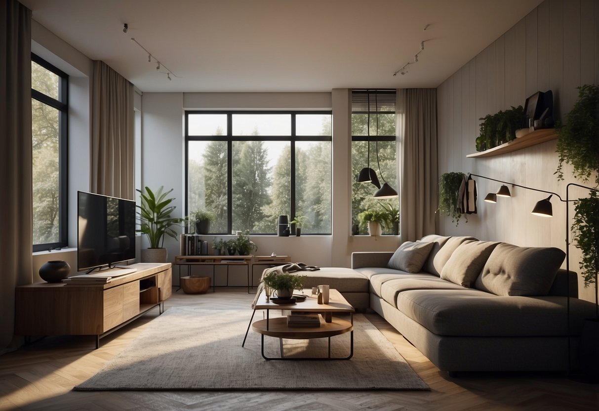 A small house interior with minimalist furniture, large windows, and strategic lighting to create the illusion of space