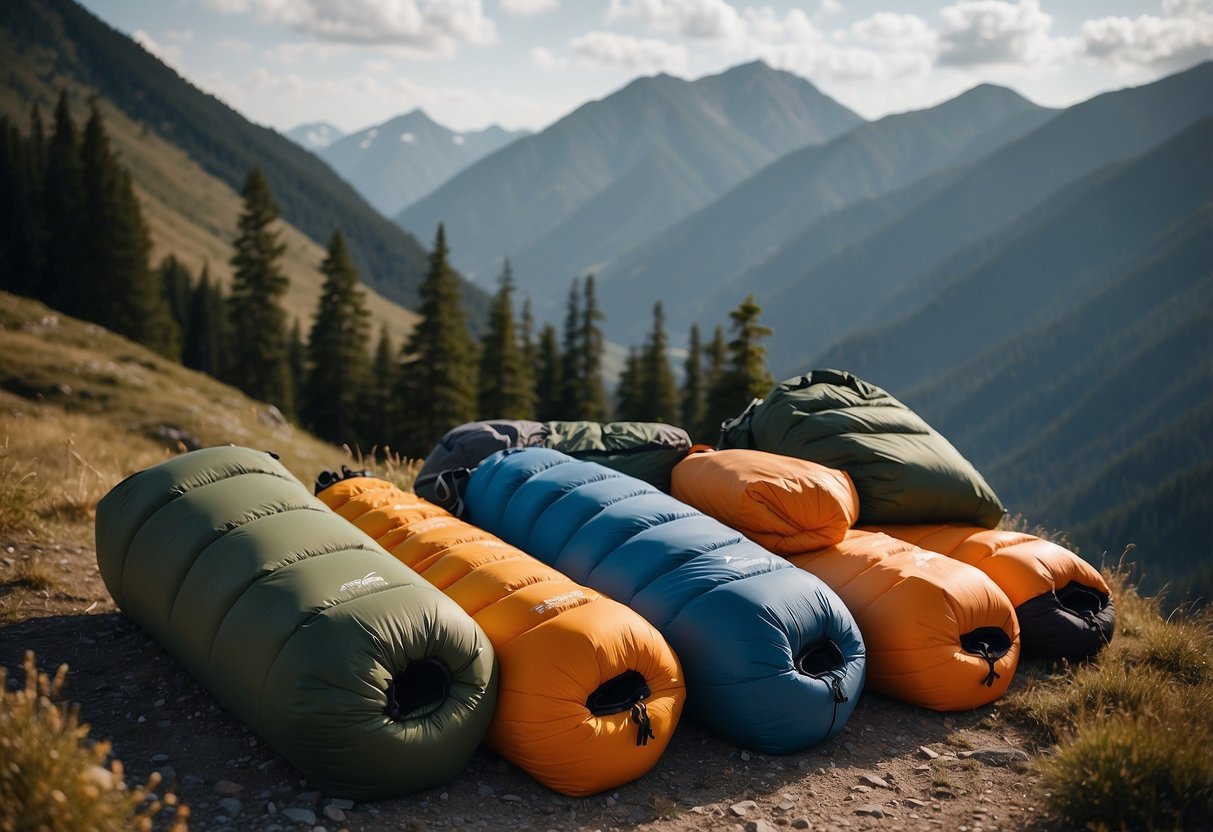 A group of five high-quality sleeping bags displayed against a backdrop of a scenic mountain landscape, with backpacking gear scattered around them