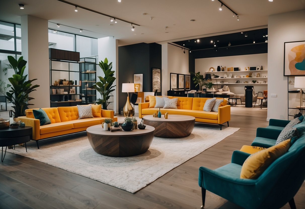 A spacious showroom filled with modern furniture displays and vibrant decor, with customers browsing and admiring the stylish pieces