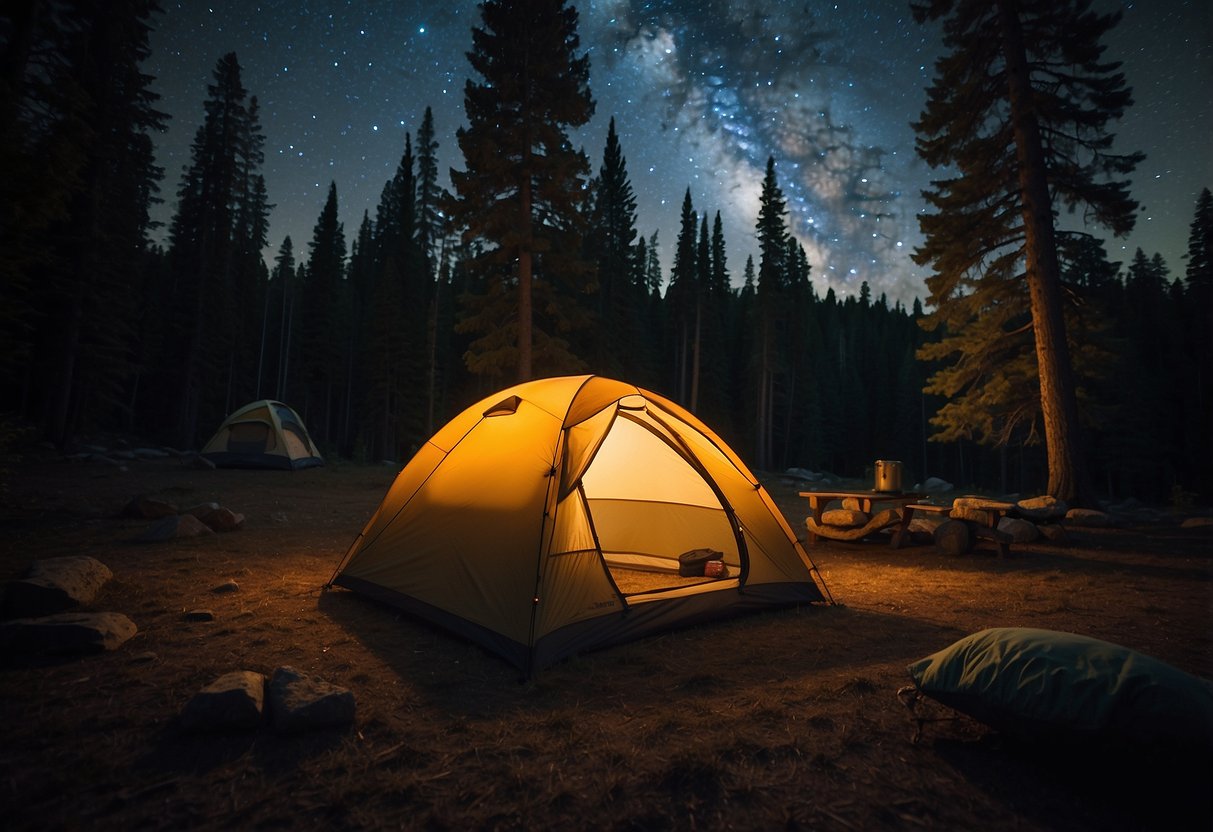 A cozy campsite with a glowing tent, surrounded by towering trees and a starry night sky. An open sleeping bag, the REI Co-op Magma 15, sits ready for a peaceful night's sleep