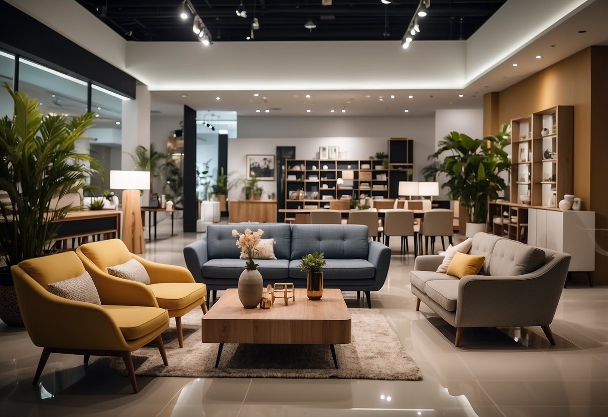 A showroom filled with modern furniture displays at SG Kadut, with customers browsing and staff assisting