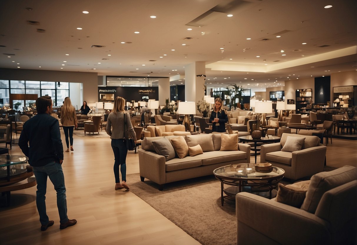 A bustling furniture store with shoppers browsing and staff assisting. Signs display "Frequently Asked Questions" and "Shopper Paradise." Furniture displays are neatly arranged