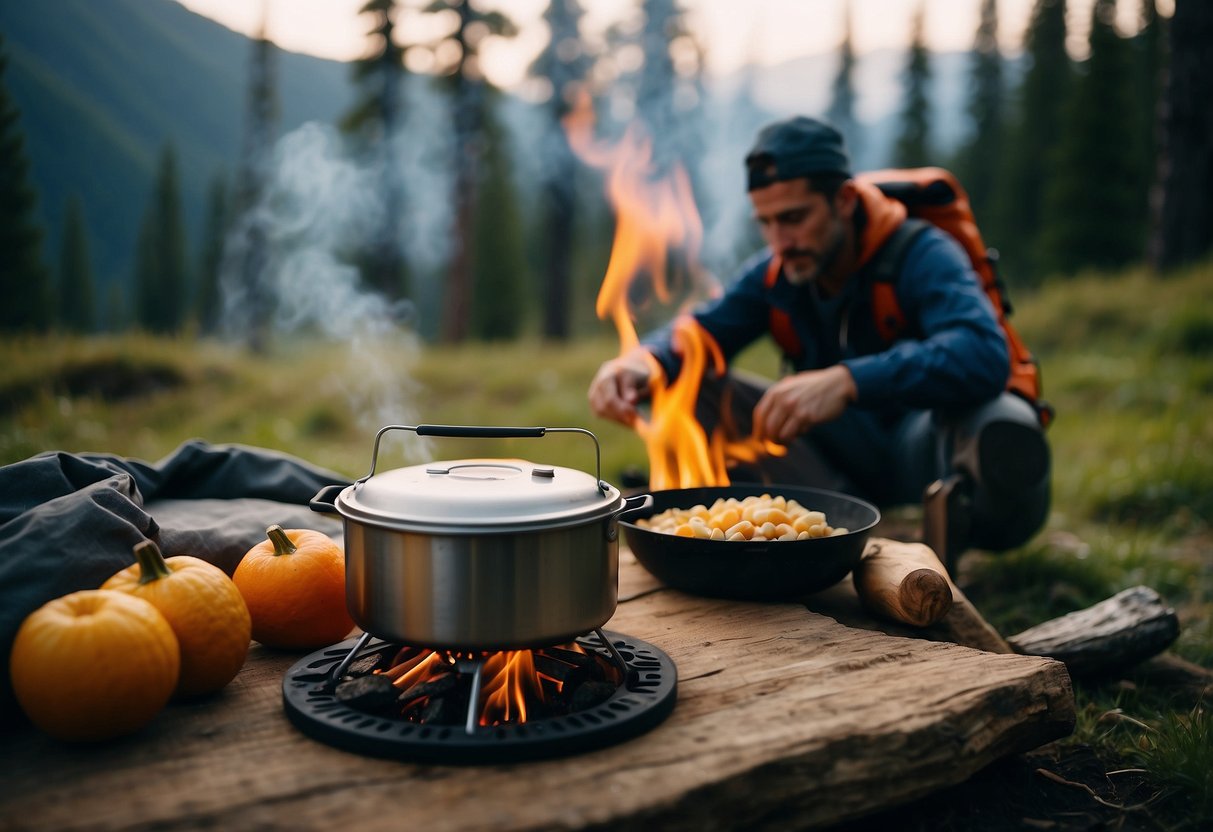 A campfire with a pot boiling water, a variety of ingredients laid out on a table, and a backpacker preparing a nutritious breakfast over a portable stove