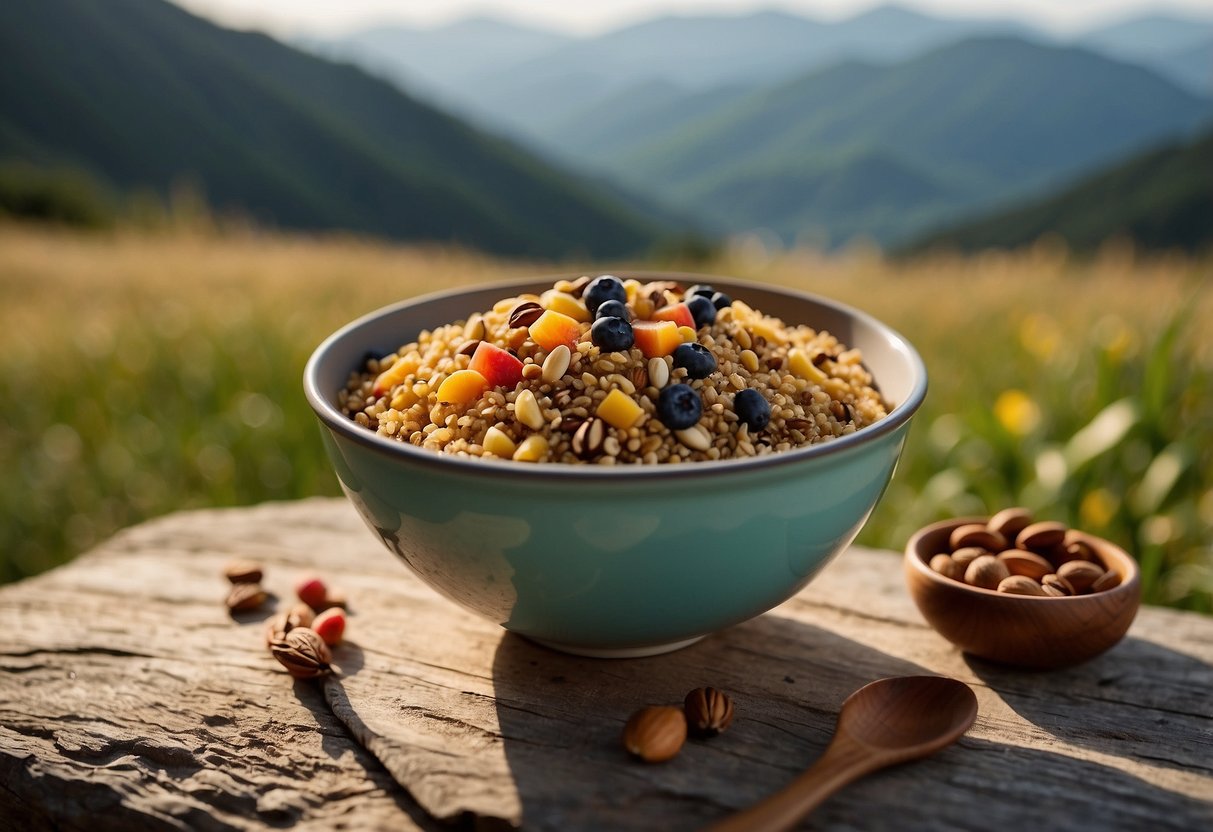 A colorful bowl filled with quinoa, fresh fruits, nuts, and seeds. A backpack and hiking boots are placed nearby. Sunrise in a mountainous landscape