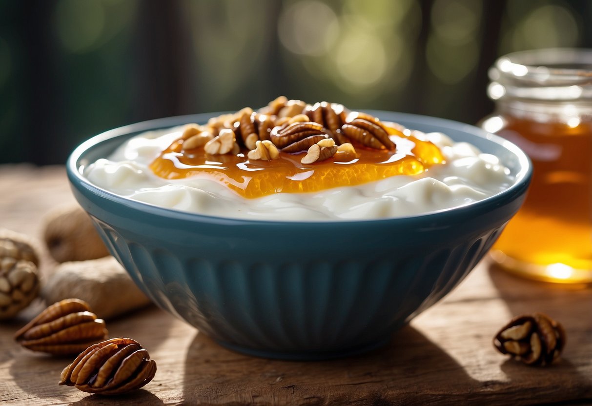 A bowl of Greek yogurt topped with drizzled honey and sprinkled nuts sits on a rustic wooden table, surrounded by hiking gear and a map